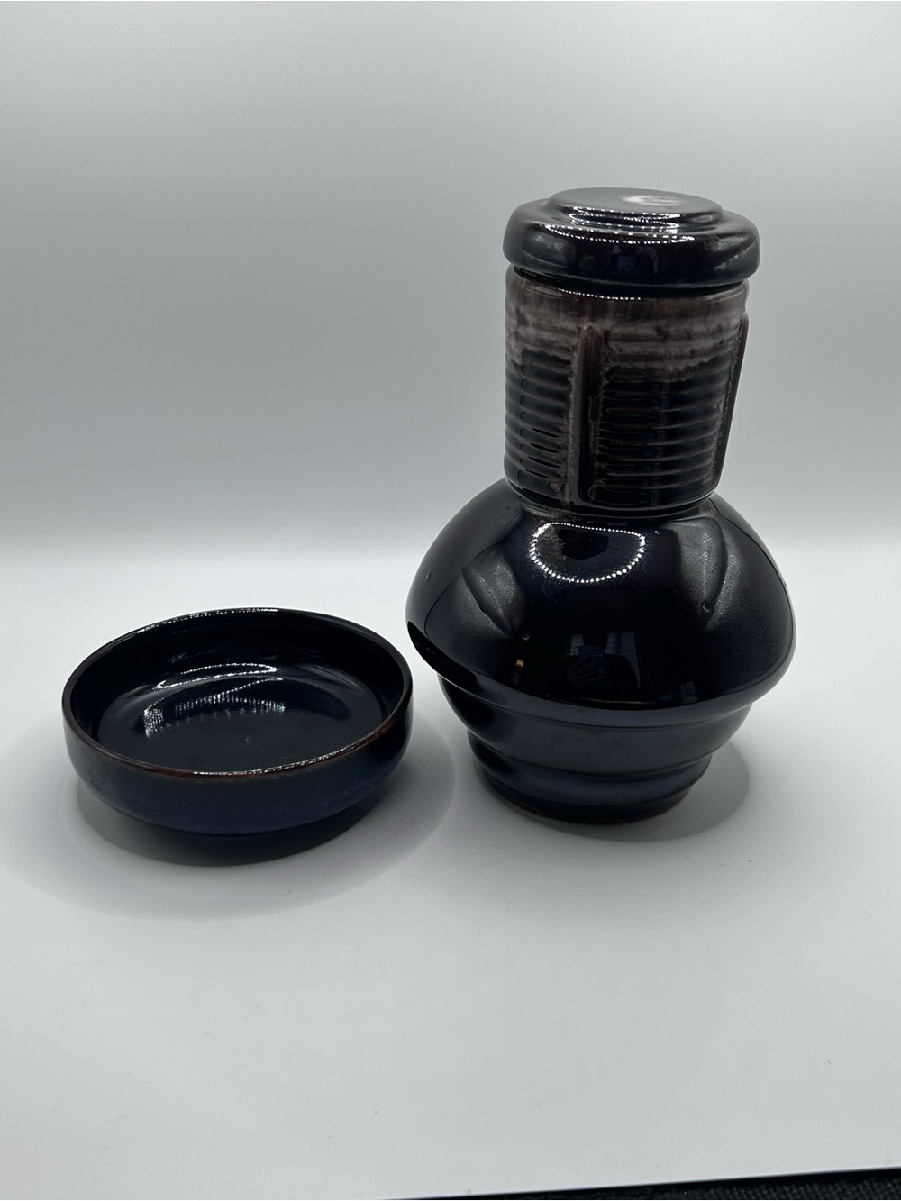 Vintage Japanese Ceramic Sake Set | Dark Navy Glaze, Ribbed Neck, Mid-Century